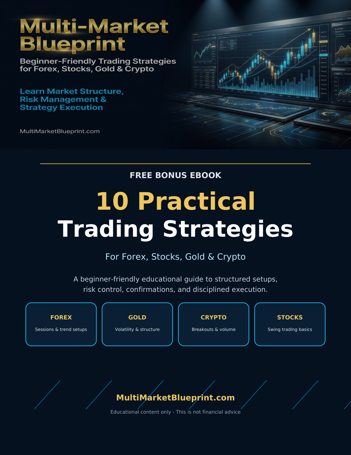 Free bonus ebook cover: 10 Practical Trading Strategies for Forex, Stocks, Gold and Crypto